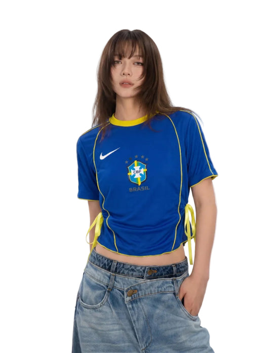 Brazil CBF Side Yellow Ribbon Drawstring Cropped Remake Top