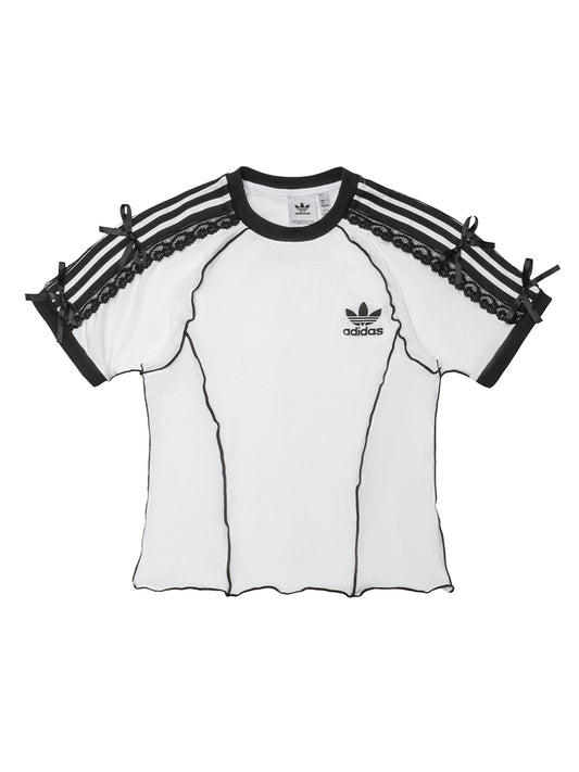 White Adidas Lace & Black Bow Stripe Remake Crop Top