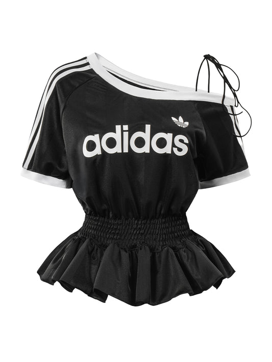 Black Adidas One-Shoulder Peplum Remake Jersey Top